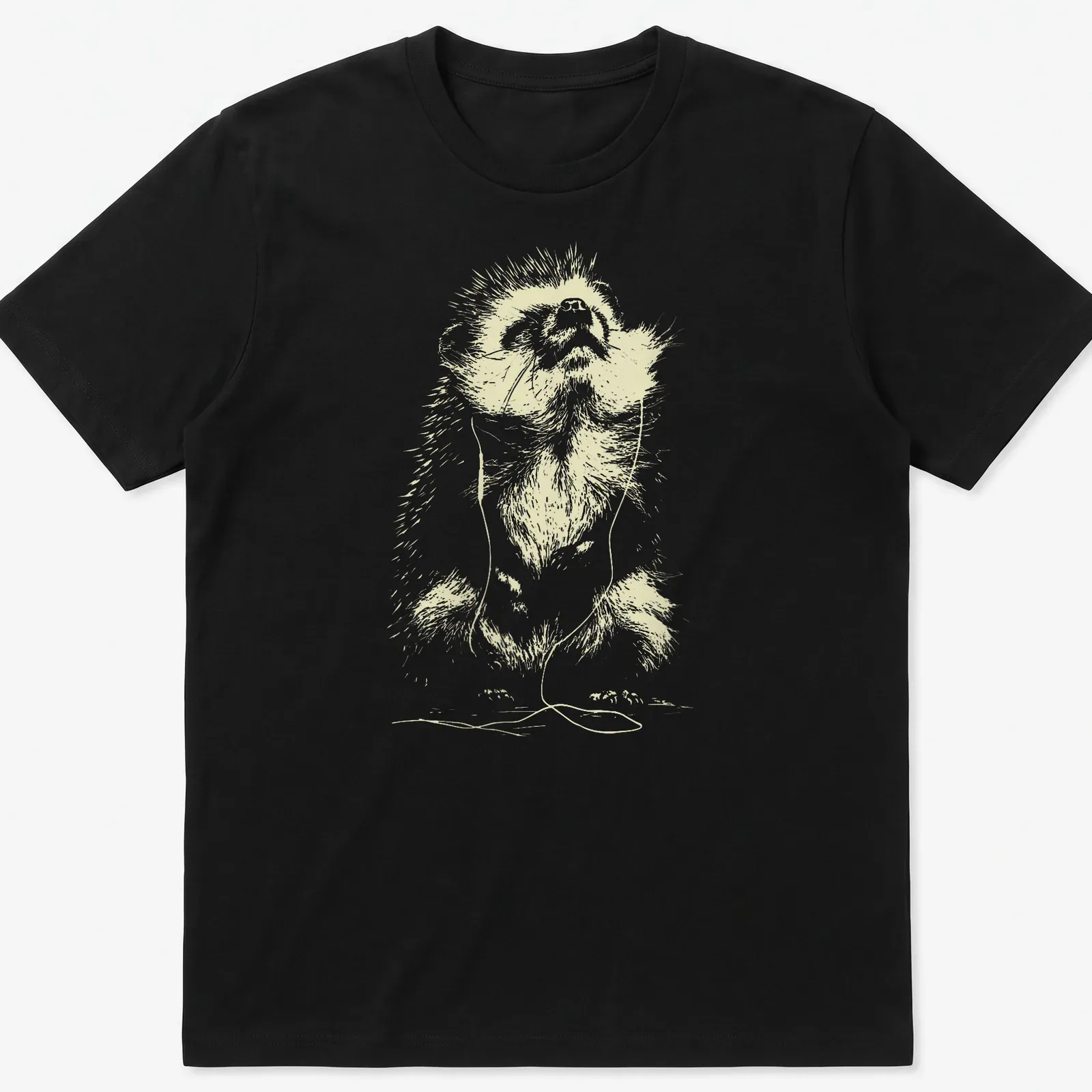 Minimal line art of a hedgehog with earbuds listening to music in light beige and white. — printed on a unisex t-shirt