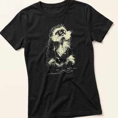 Minimal line art of a hedgehog with earbuds listening to music in light beige and white. — printed on a women's shirt