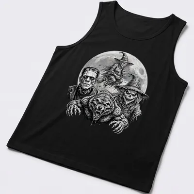 Intricate black and white illustration of classic horror monsters for Halloween — printed on a tank top