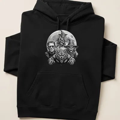 Intricate black and white illustration of classic horror monsters for Halloween — printed on a unisex hoodie