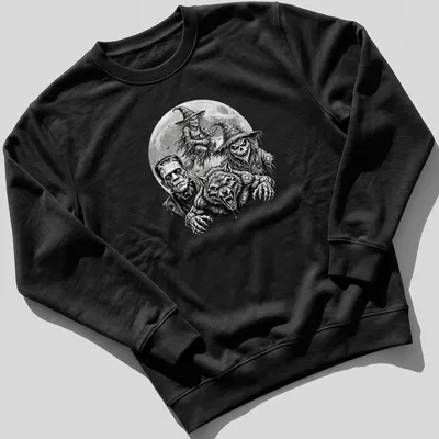 Intricate black and white illustration of classic horror monsters for Halloween — printed on a unisex sweatshirt