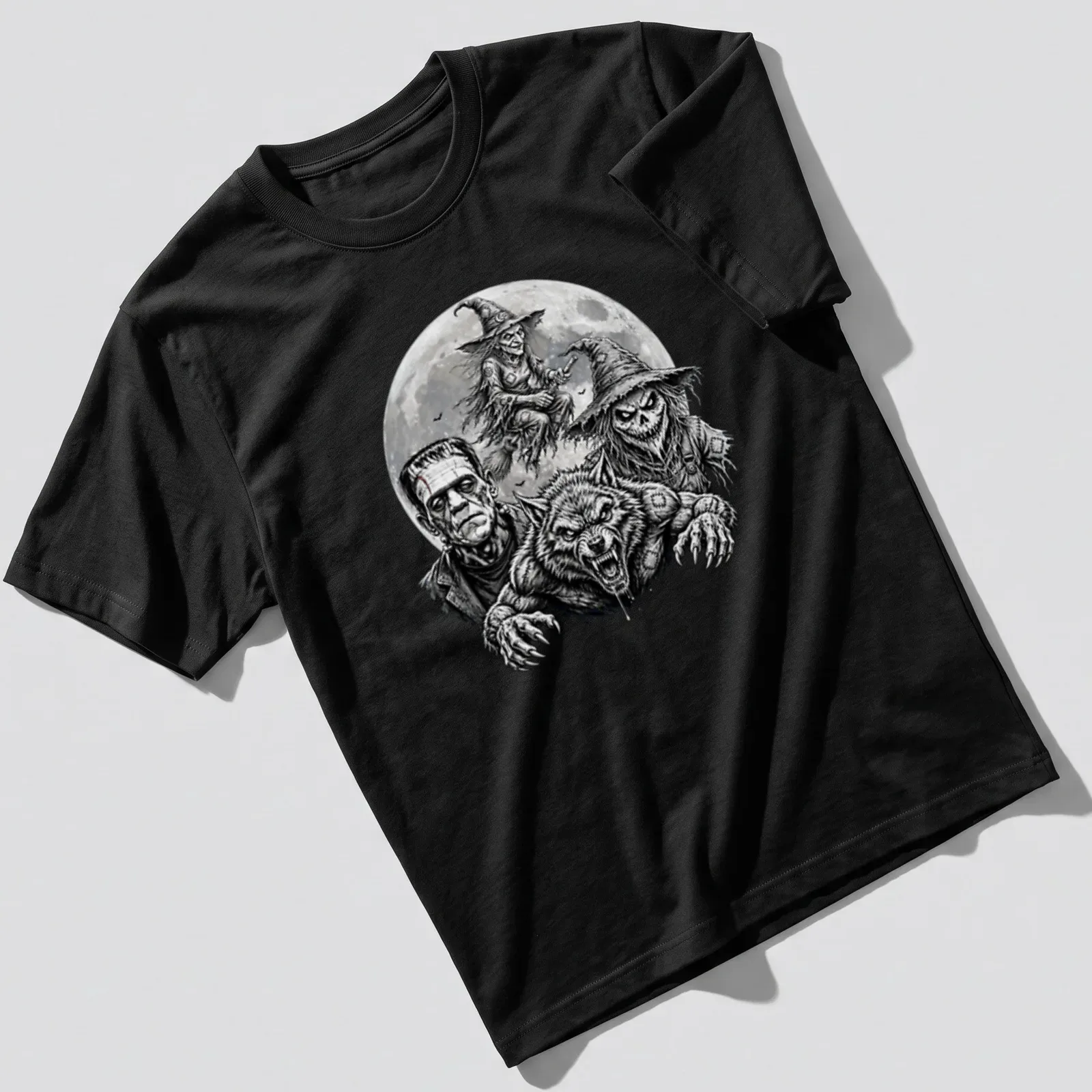 Intricate black and white illustration of classic horror monsters for Halloween — printed on a unisex t-shirt