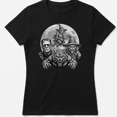 Intricate black and white illustration of classic horror monsters for Halloween — printed on a women's shirt