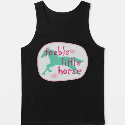 Cartoon design of a playful horse with the text feeble little horse in pink and blue. — printed on a tank top