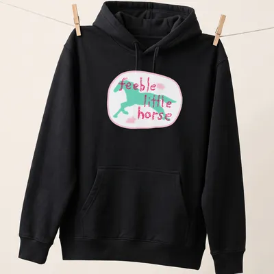 Cartoon design of a playful horse with the text feeble little horse in pink and blue. — printed on a unisex hoodie