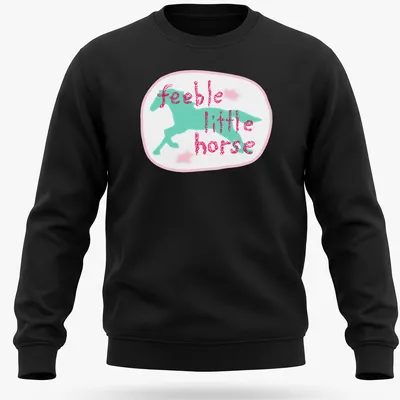 Cartoon design of a playful horse with the text feeble little horse in pink and blue. — printed on a unisex sweatshirt