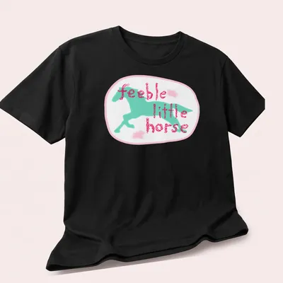 Cartoon design of a playful horse with the text feeble little horse in pink and blue. — printed on a unisex t-shirt (angled view)
