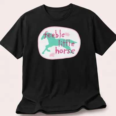 Cartoon design of a playful horse with the text feeble little horse in pink and blue.