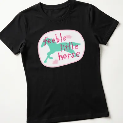 Cartoon design of a playful horse with the text feeble little horse in pink and blue. — printed on a women's shirt