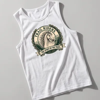 Vintage logo T-shirt featuring a horse and trail riders theme in earthy tones — printed on a tank top