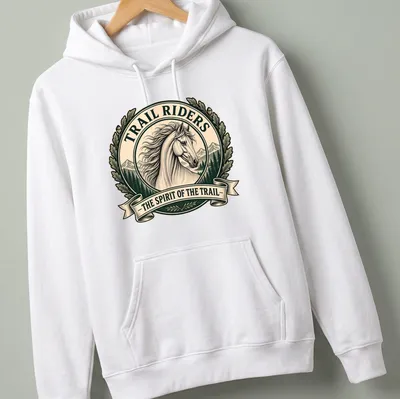Vintage logo T-shirt featuring a horse and trail riders theme in earthy tones — printed on a unisex hoodie