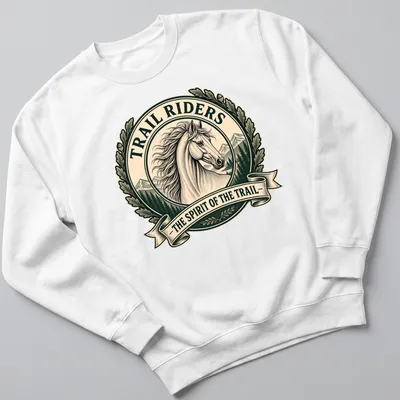 Vintage logo T-shirt featuring a horse and trail riders theme in earthy tones — printed on a unisex sweatshirt