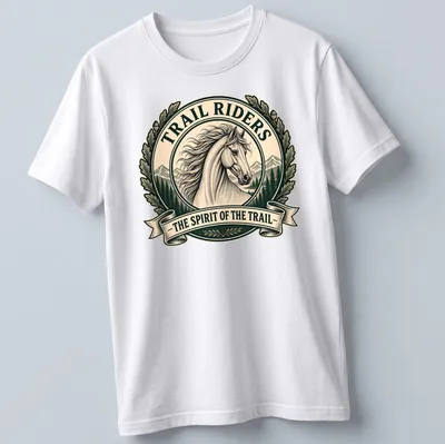 Vintage logo T-shirt featuring a horse and trail riders theme in earthy tones