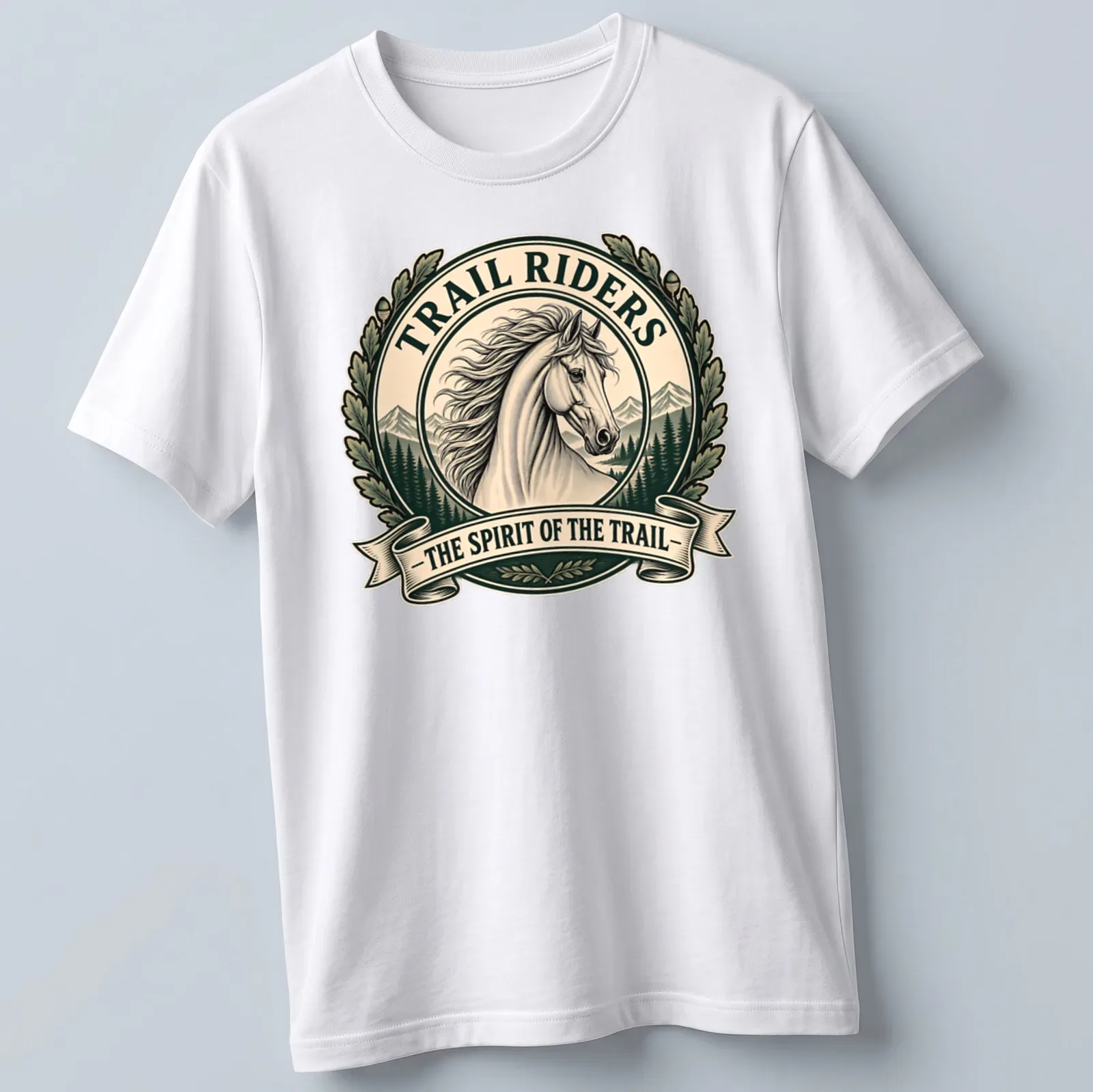 Vintage logo T-shirt featuring a horse and trail riders theme in earthy tones — printed on a unisex t-shirt