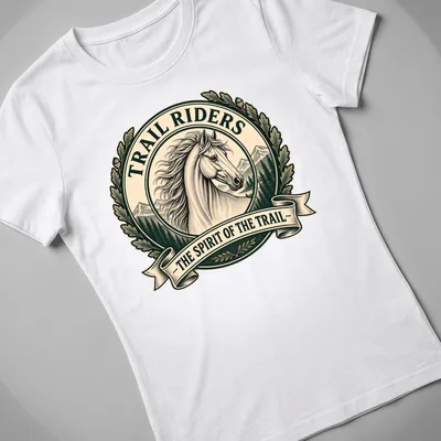 Vintage logo T-shirt featuring a horse and trail riders theme in earthy tones — printed on a women's shirt