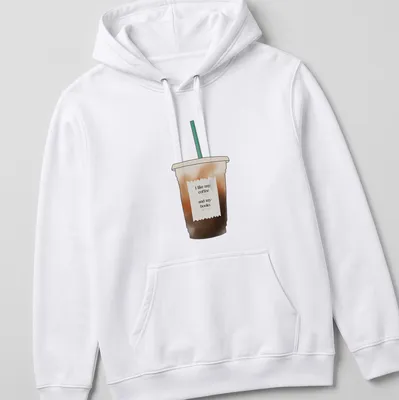 Minimalist t-shirt with the phrase I like my coffee and my books and iced coffee illustration — printed on a unisex hoodie