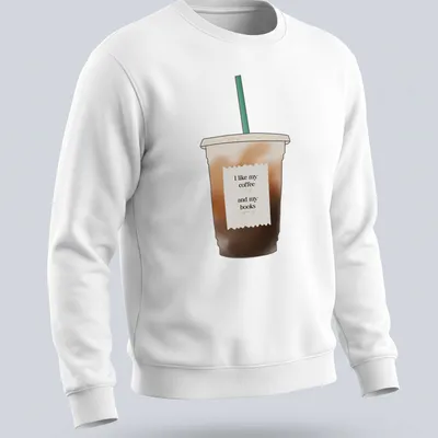 Minimalist t-shirt with the phrase I like my coffee and my books and iced coffee illustration — printed on a unisex sweatshirt