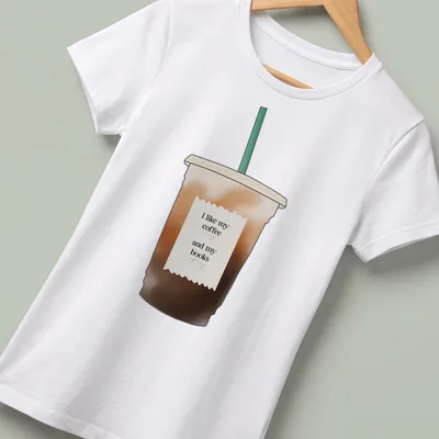 Minimalist t-shirt with the phrase I like my coffee and my books and iced coffee illustration — printed on a women's shirt