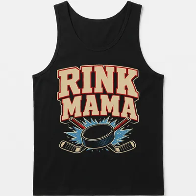 Vintage distressed t-shirt with 'Rink Mama' text and ice hockey design — printed on a tank top