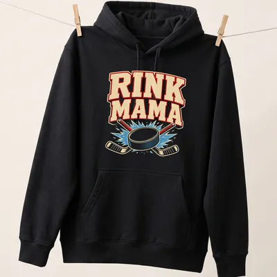Vintage distressed t-shirt with 'Rink Mama' text and ice hockey design — printed on a unisex hoodie