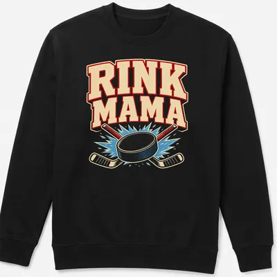 Vintage distressed t-shirt with 'Rink Mama' text and ice hockey design — printed on a unisex sweatshirt