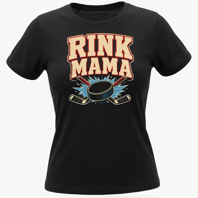 Vintage distressed t-shirt with 'Rink Mama' text and ice hockey design — printed on a women's shirt