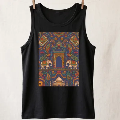 Doodle illustration of elephants and peacocks in vibrant colors — printed on a tank top