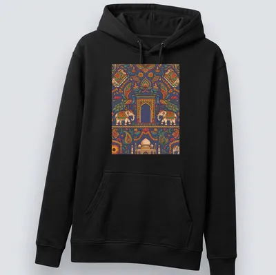 Doodle illustration of elephants and peacocks in vibrant colors — printed on a unisex hoodie