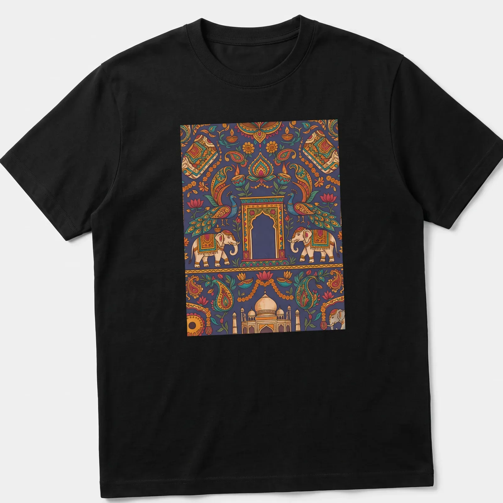 Doodle illustration of elephants and peacocks in vibrant colors — printed on a unisex t-shirt