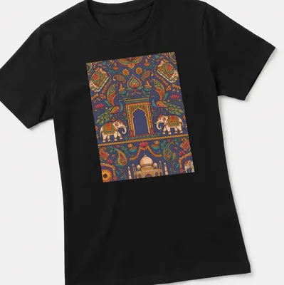 Doodle illustration of elephants and peacocks in vibrant colors — printed on a women's shirt