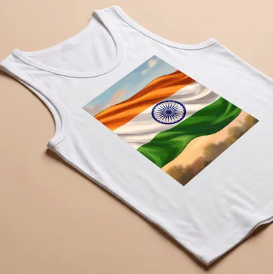 Illustration of the Indian flag featuring orange, white, green, and a blue Ashoka Chakra — printed on a tank top