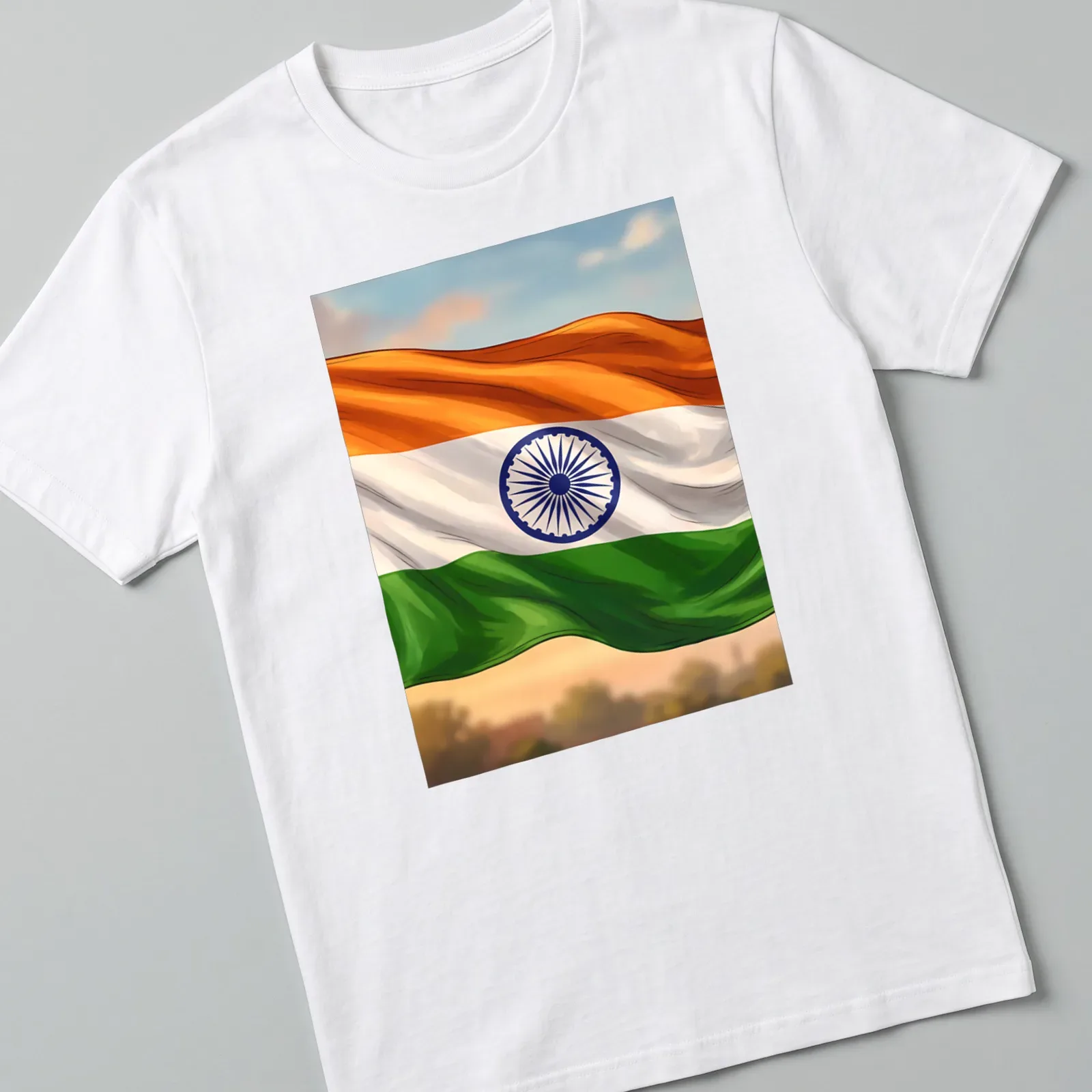 Illustration of the Indian flag featuring orange, white, green, and a blue Ashoka Chakra — printed on a unisex t-shirt