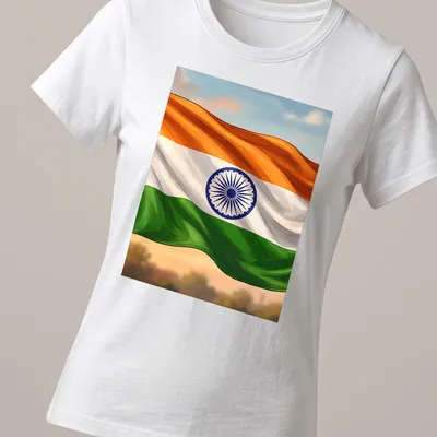Illustration of the Indian flag featuring orange, white, green, and a blue Ashoka Chakra — printed on a women's shirt