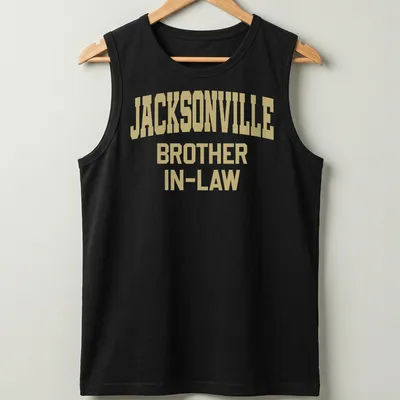 Bold collegiate Jacksonville Brother In-Law t-shirt with gold lettering — printed on a tank top