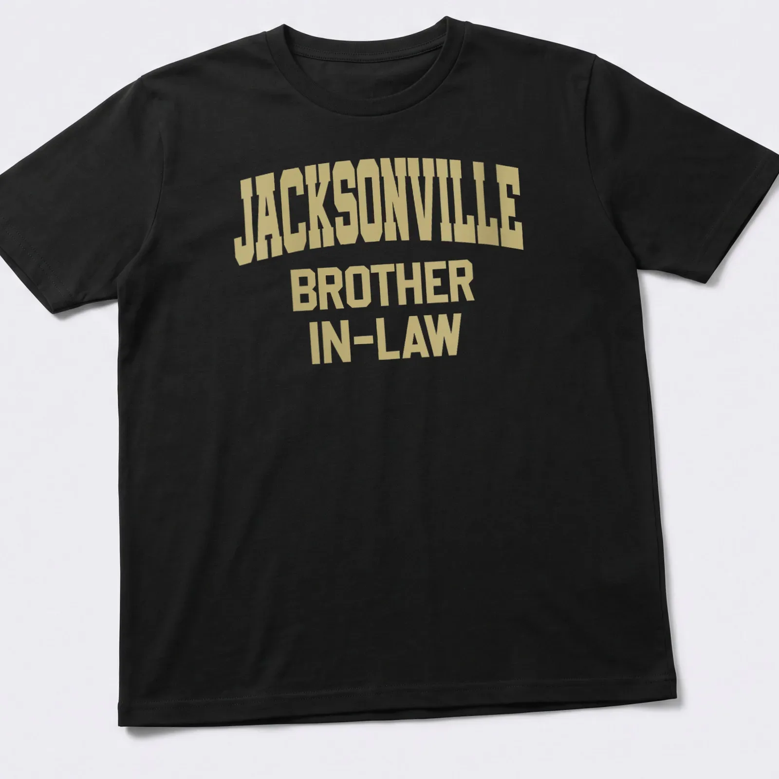 Bold collegiate Jacksonville Brother In-Law t-shirt with gold lettering — printed on a unisex t-shirt