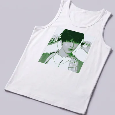 Pop art design featuring Jisung listening to music in green and black tones — printed on a tank top