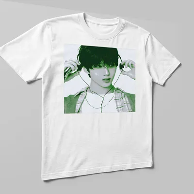 Pop art design featuring Jisung listening to music in green and black tones — printed on a unisex t-shirt (angled view)