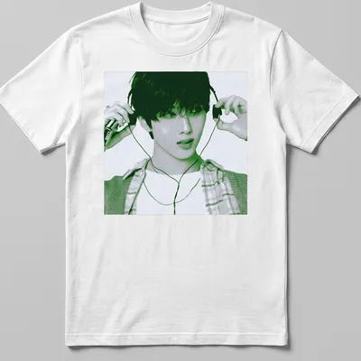 Pop art design featuring Jisung listening to music in green and black tones