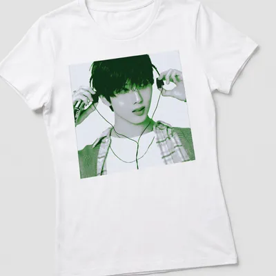 Pop art design featuring Jisung listening to music in green and black tones — printed on a women's shirt