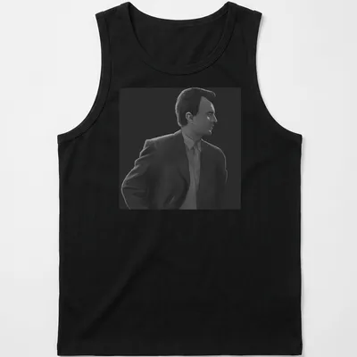 Monochrome illustration of a man in a suit in black, white, and gray — printed on a tank top