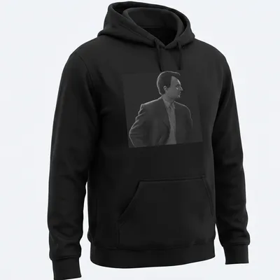 Monochrome illustration of a man in a suit in black, white, and gray — printed on a unisex hoodie
