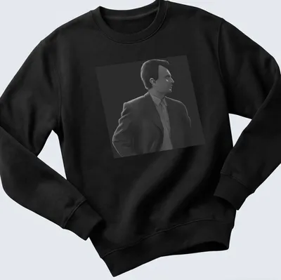 Monochrome illustration of a man in a suit in black, white, and gray — printed on a unisex sweatshirt
