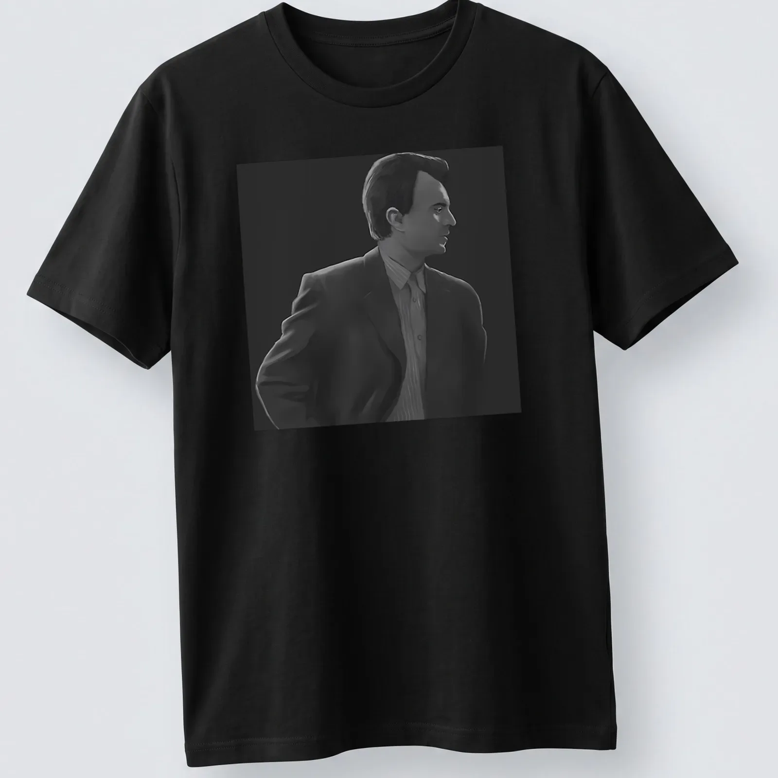 Monochrome illustration of a man in a suit in black, white, and gray — printed on a unisex t-shirt