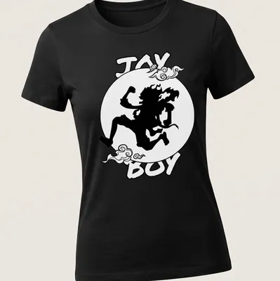 Bold silhouette design featuring Joy Boy with black and white color scheme — printed on a women's shirt