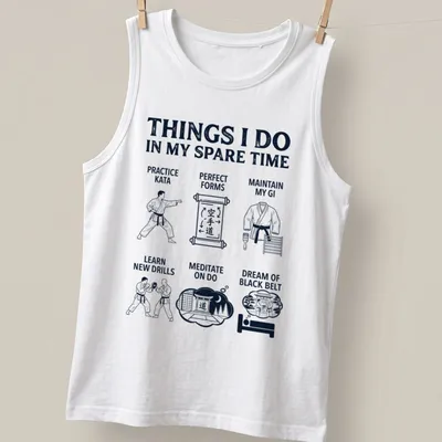 Bold white typography listing karate activities on navy blue — printed on a tank top