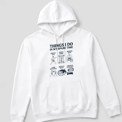 Bold white typography listing karate activities on navy blue — printed on a unisex hoodie