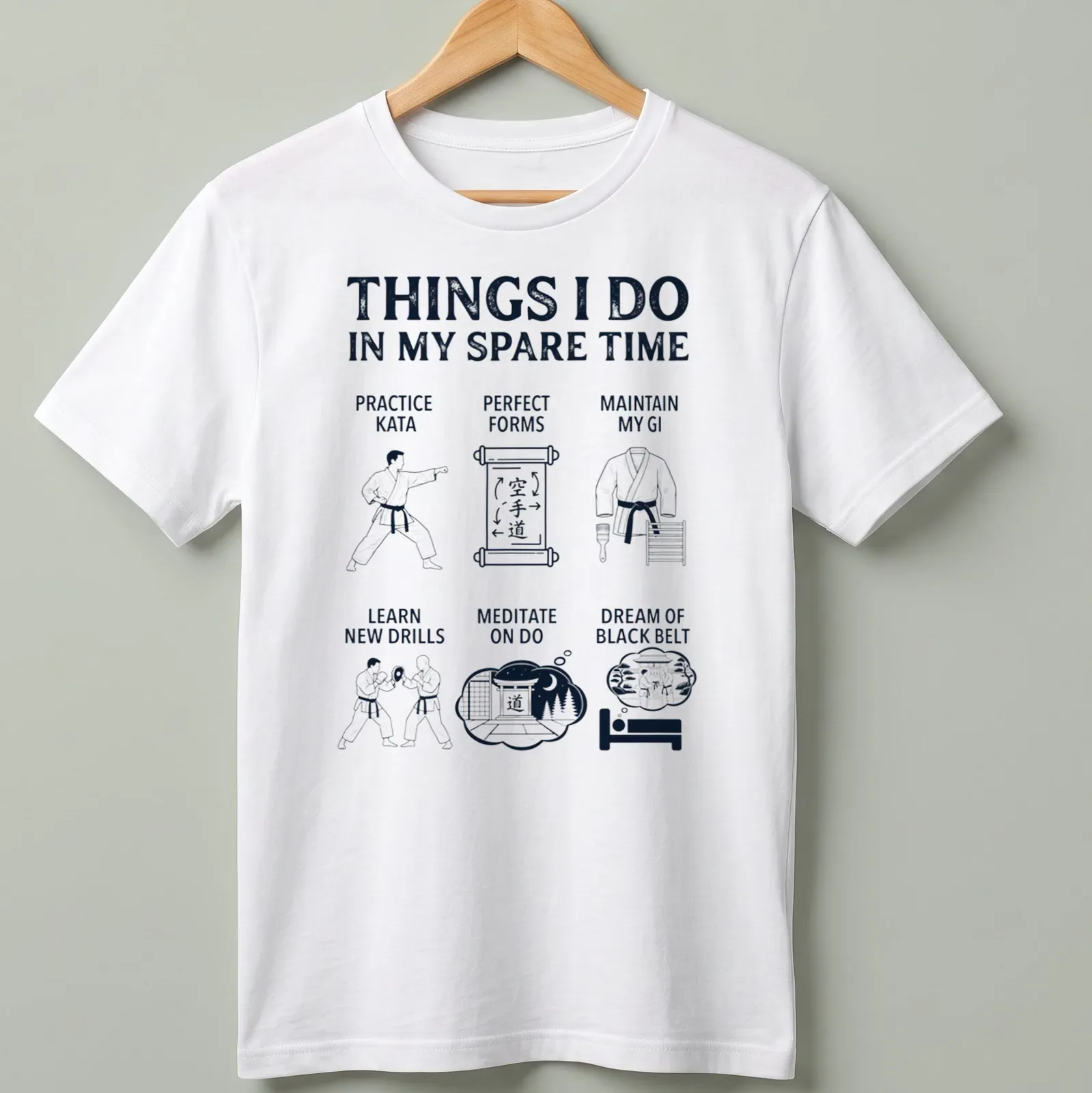 Bold white typography listing karate activities on navy blue — printed on a unisex t-shirt