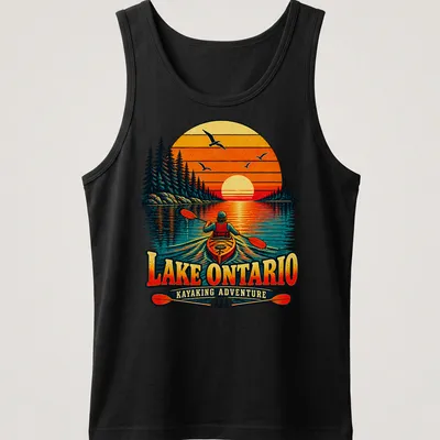 Nostalgic kayaking sunset graphic on Lake Ontario T-shirt in warm colors — printed on a tank top