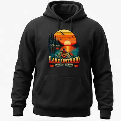 Nostalgic kayaking sunset graphic on Lake Ontario T-shirt in warm colors — printed on a unisex hoodie