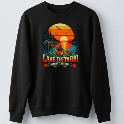 Nostalgic kayaking sunset graphic on Lake Ontario T-shirt in warm colors — printed on a unisex sweatshirt